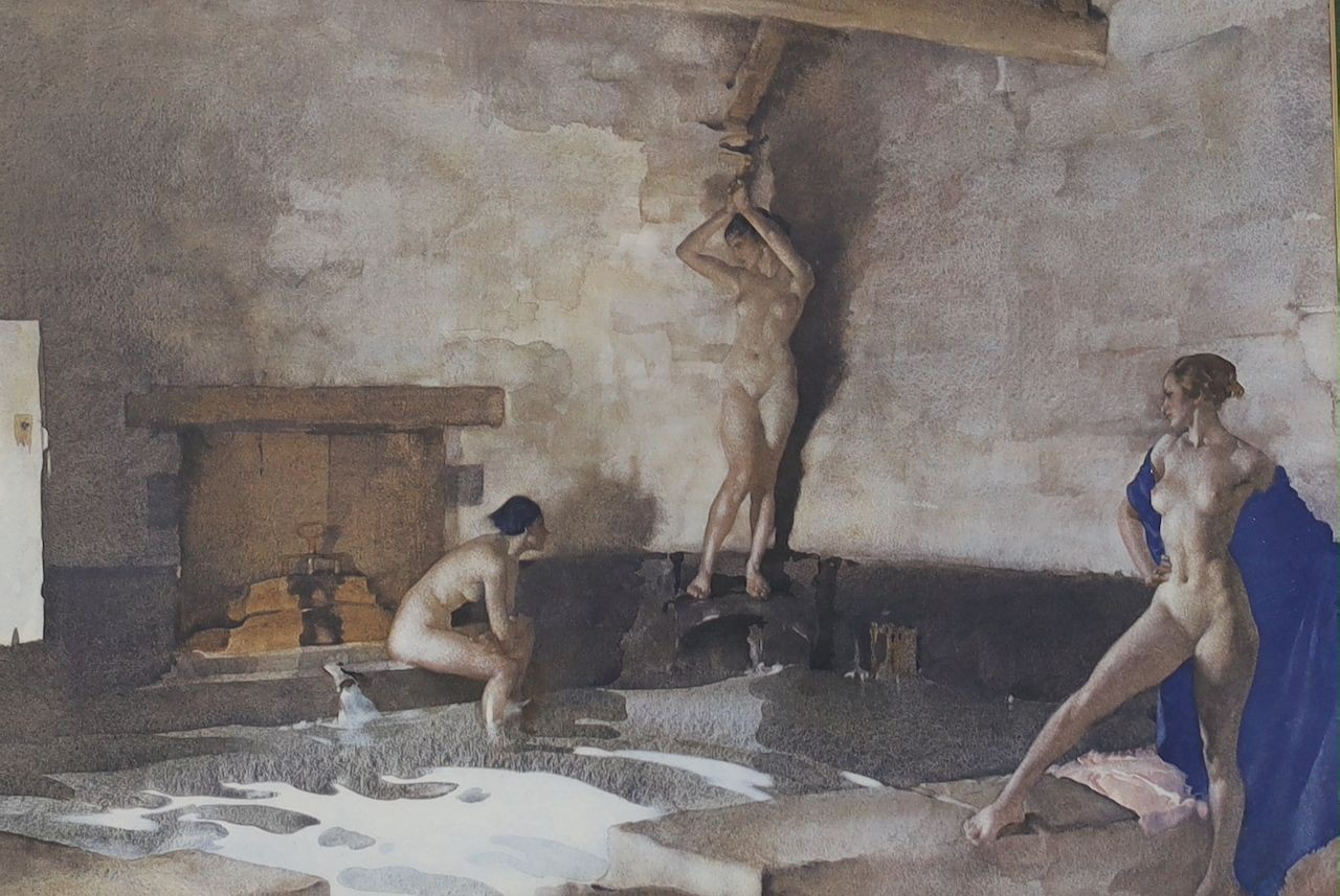 William Russell Flint, four assorted limited edition prints, 'Roxanne, France', 'Sara', 'Reclining Nude 2' and 'The Shower' and a colour reprint, largest 42 x 65cm